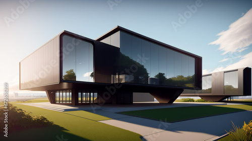 futuristic black building with cubic shapes. generative ai © petrovk