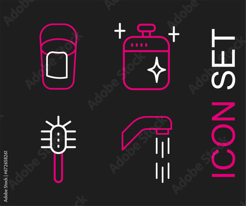 Set line Shower head, Toilet brush, Clean cooking pot and Bucket with rag icon. Vector