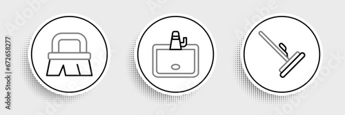 Set line Mop, Brush for cleaning and Washbasin icon. Vector