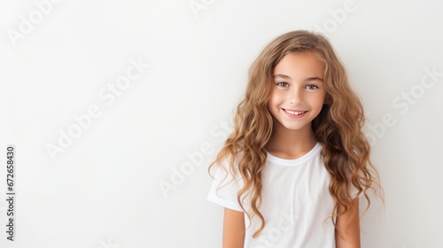 teenage girl smiling on white background.
