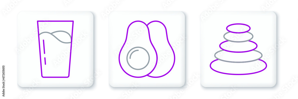 Set line Stack hot stones, Glass with water and Avocado fruit icon. Vector Set line Stack hot stones, Glass with water and Avocado fruit icon. Vector