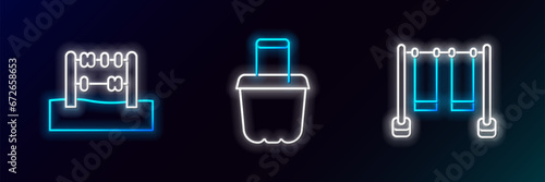 Set line Double swing, Abacus and Sand bucket icon. Glowing neon. Vector