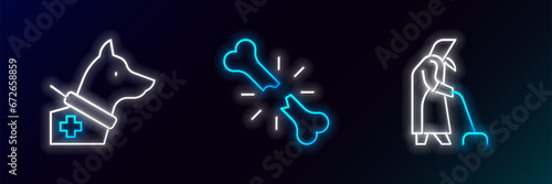 Set line Grandmother, Guide dog and Human broken bone icon. Glowing neon. Vector