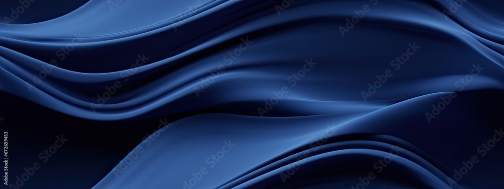Fototapeta premium Seamless Silk satin fabric. Navy blue color. Abstract dark elegant background with space for design. Soft wavy folds. Drapery. Gradient. lines. Shiny. Shimmer. Glow.Template. Wide banner. Panoramic.
