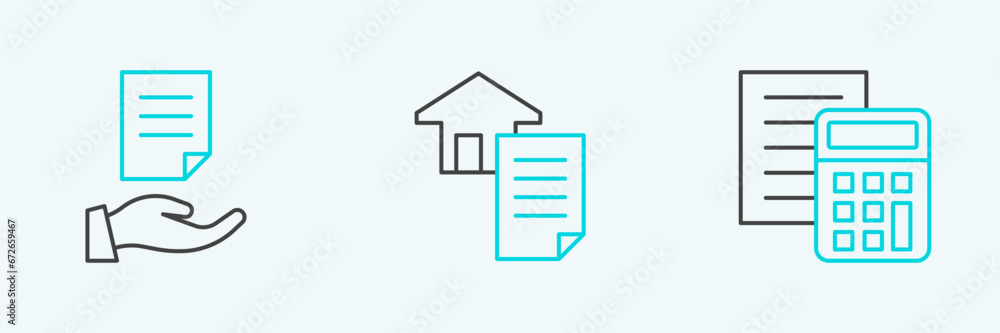 Set line Calculator, House contract and icon. Vector Set line Calculator, House contract and icon. Vector