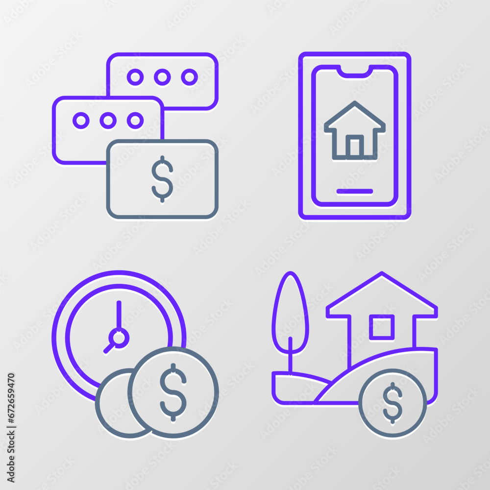 Set line House with dollar, Time is money, Online real estate and Price negotiation icon. Vector Set line House with dollar, Time is money, Online real estate and Price negotiation icon. Vector
