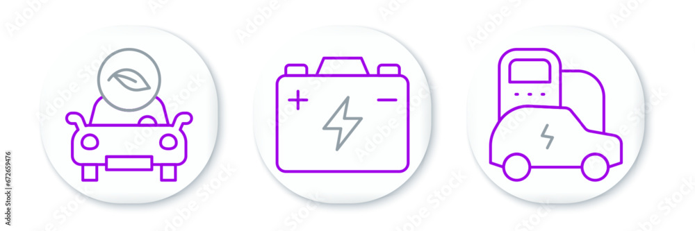 Set line Electric car, Eco and Car battery icon. Vector Set line Electric car, Eco and Car battery icon. Vector
