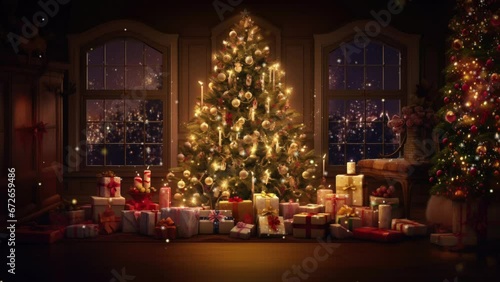 Evening room setting, Christmas tree lights glowing, presents wrapped. Urban backdrop.