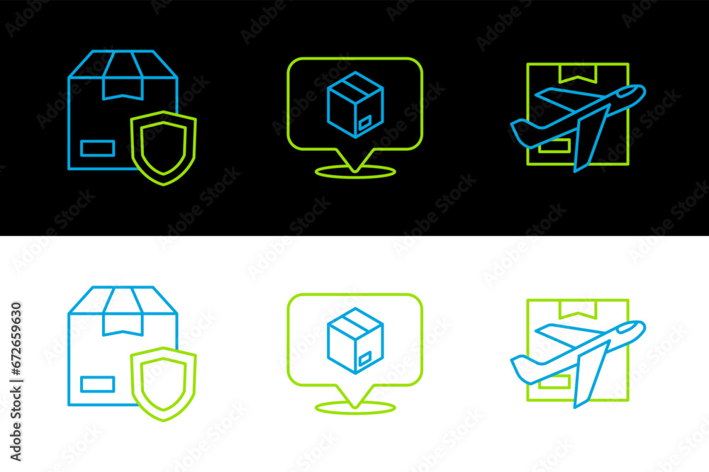 Set line Plane and cardboard box, Delivery security with shield and Location icon. Vector Set line Plane and cardboard box, Delivery security with shield and Location icon. Vector