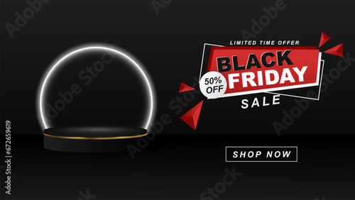 Promotional banner design for black Friday sale. Black circle podium with white neon light, empty stage for product advertising. Vector illustration