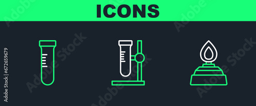 Set line Alcohol or spirit burner, Test tube and flask on stand icon. Vector