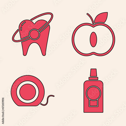 Set Mouthwash plastic bottle, Tooth whitening concept, Apple and Dental floss icon. Vector