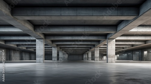 3d render of concrete architecture with car park, empty cement floor. 