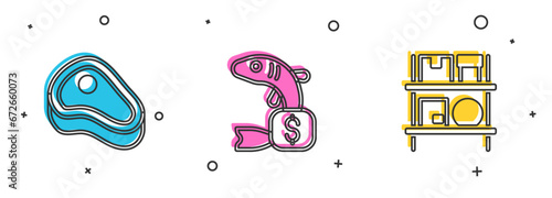 Set Steak meat, Price tag for fish and Warehouse interior with boxes icon. Vector