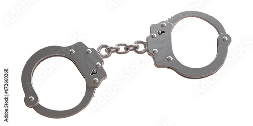 Handcuffs isolated on white transparent background. PNG. Metal chain and locked cuffs.