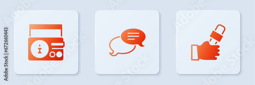 Set Speech bubble chat, News on radio channel and Journalist news. White square button. Vector