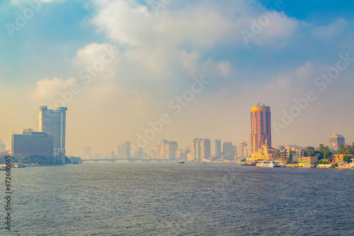 Foggy morning in Cairo. View of the Nile from the bridge.