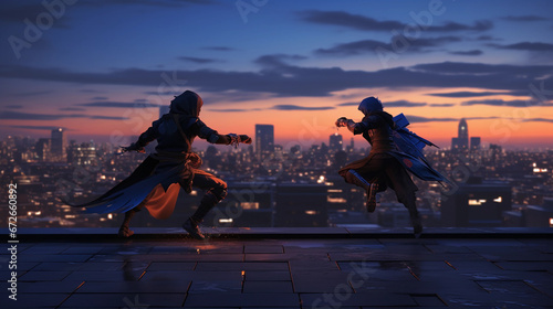 A rooftop duel at dusk between two anime ninjas, city skyline in the background, dynamic action poses, kunai and shurikens mid-air. Cinematic blue and orange lighting