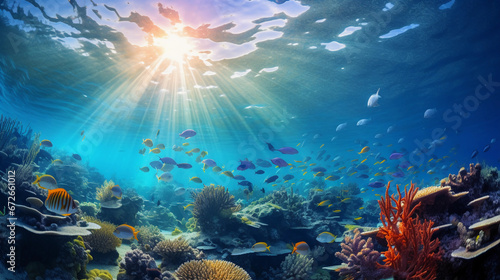 underwater panorama  vibrant coral reef with schools of fish  dreamlike distortion  lens flare  ethereal sunlight filtering down