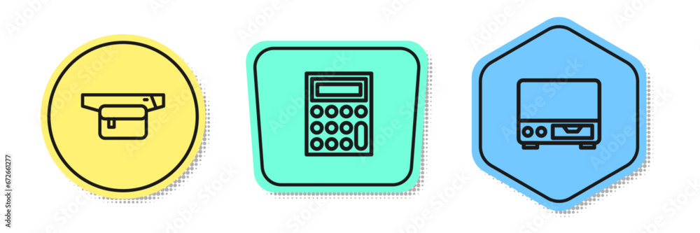 Set line Waist bag of banana, Calculator and Old video cassette player. Colored shapes. Vector Set line Waist bag of banana, Calculator and Old video cassette player. Colored shapes. Vector