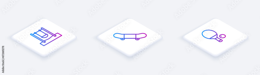 Set Isometric line Swing, Skateboard trick and Racket and ball. White square button. Vector