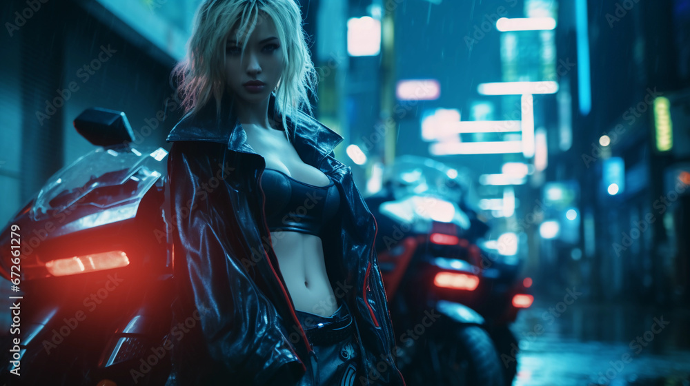Cyberpunk Tokyo street scene at night, anime style, featuring a female protagonist with neon blue hair and robotic arm, standing near a futuristic motorcycle. Neon billboards, rain-soaked pavement