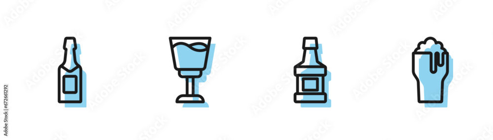 Set line Whiskey bottle, Champagne, Wine glass and Glass of beer icon. Vector Set line Whiskey bottle, Champagne, Wine glass and Glass of beer icon. Vector