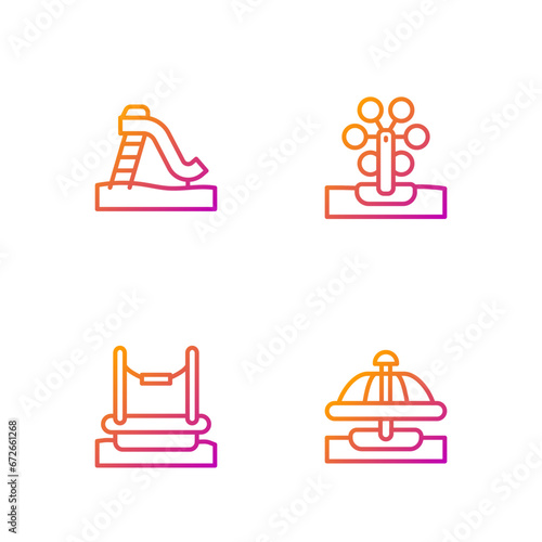 Set line Attraction carousel, Bungee, Kid slide and Ferris wheel. Gradient color icons. Vector