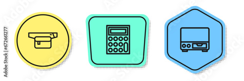 Set line Waist bag of banana, Calculator and Old video cassette player. Colored shapes. Vector