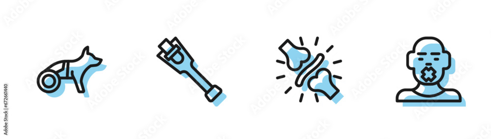 Set line Joint pain, knee pain, Dog wheelchair, Prosthesis leg and Head of deaf and dumb icon. Vector Set line Joint pain, knee pain, Dog wheelchair, Prosthesis leg and Head of deaf and dumb icon. Vector