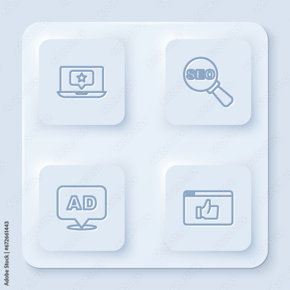 Set line Laptop with star, SEO optimization, Advertising and Customer product rating. White square button. Vector Set line Laptop with star, SEO optimization, Advertising and Customer product rating. White square button. Vector