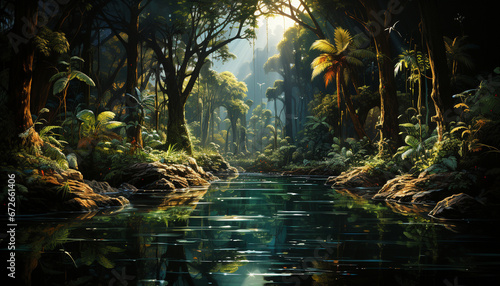 Tranquil scene  nature beauty reflected in a mysterious, dark forest generated by AI © djvstock