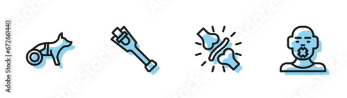 Set line Joint pain, knee pain, Dog wheelchair, Prosthesis leg and Head of deaf and dumb icon. Vector photo
