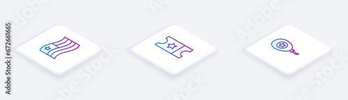 Set Isometric line American flag, Baseball ticket and Balloons. White square button. Vector © Oksana