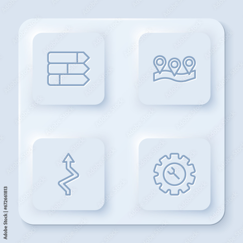 Set line Pie chart infographic, Location, Arrow and Wrench and gear. White square button. Vector Set line Pie chart infographic, Location, Arrow and Wrench and gear. White square button. Vector