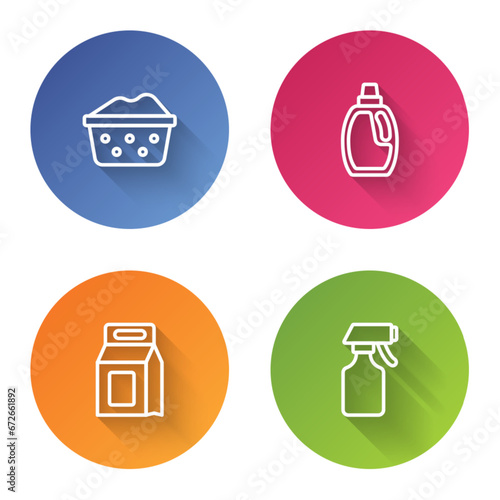Set line Basin with soap suds, Bottle for cleaning agent, Laundry detergent and Water spray bottle. Color circle button. Vector