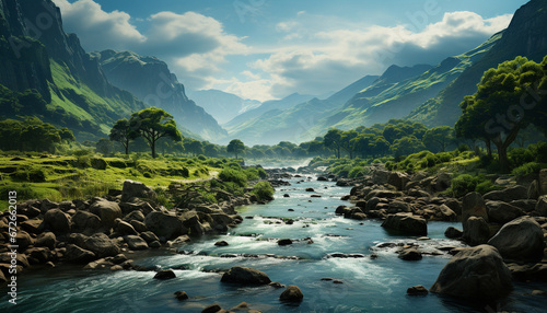 Majestic mountain peak reflects in tranquil flowing water, a scenic beauty generated by AI