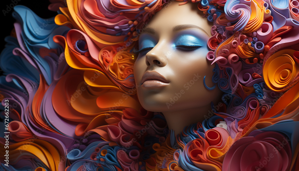 A glamorous fashion model with purple lips and curly hair generated by AI A glamorous fashion model with purple lips and curly hair generated by AI