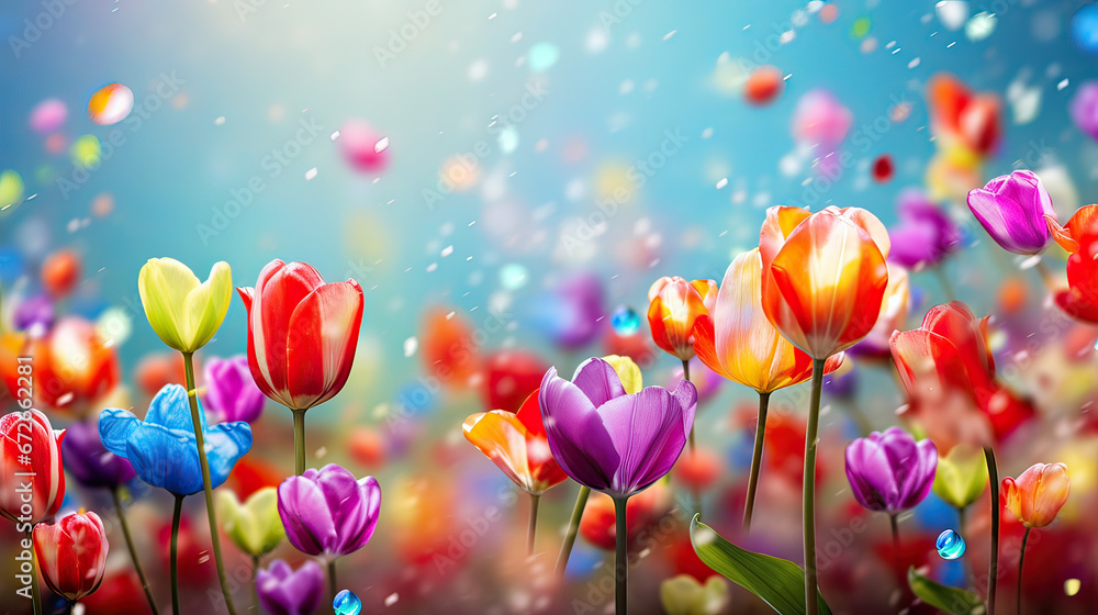 Rain of colorful tulip petals against a whimsical rainbow backdrop Ai Generative Rain of colorful tulip petals against a whimsical rainbow backdrop Ai Generative