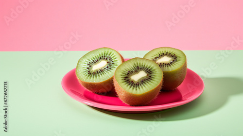 Kiwi halves with raspberries on a plate on a pink plate
