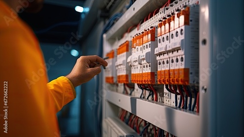 Electricity or electrical maintenance service, Electrician hand holding measuring meter checking electric current voltage circuit breaker cable wiring check main power load center distribution board. 