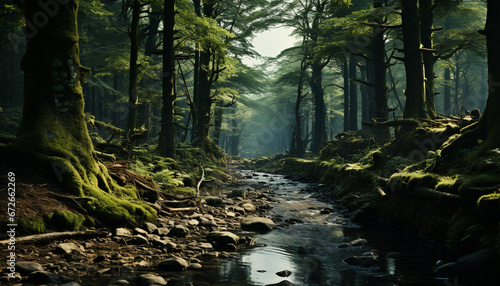 Tranquil scene foggy forest, mysterious mountain, flowing water, green foliage generated by AI