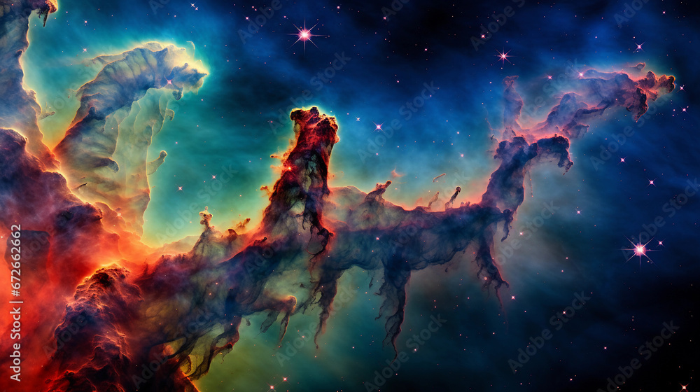 Hubble Telescope Capture, Pillars of Creation, ethereal, multicolored, gas clouds, star formations, deep focus, saturated colors