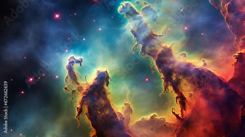 Hubble Telescope Capture, Pillars of Creation, ethereal, multicolored, gas clouds, star formations, deep focus, saturated colors photo