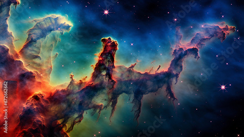 Hubble Telescope Capture  Pillars of Creation  ethereal  multicolored  gas clouds  star formations  deep focus  saturated colors