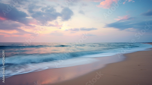 Impressionist seashore  Soft pastel colors of the beach at twilight  blending sky  sand  and sea  using tilt-shift lens for selective focus
