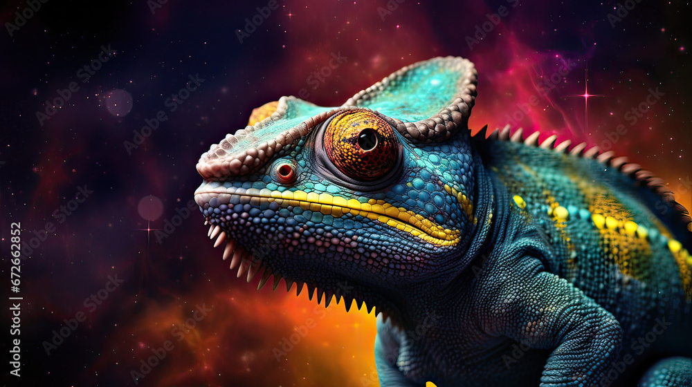Fototapeta premium Mystical chameleon blending with cosmic nebulas and stars Ai Generative
