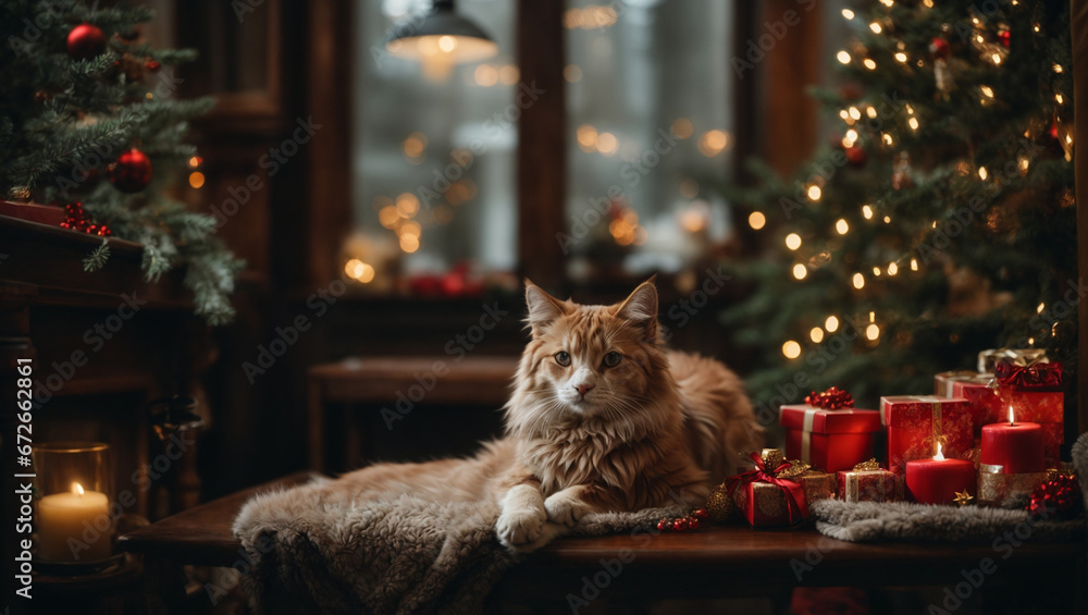Obraz na płótnie cat in christmas tree w salonie