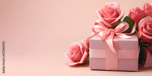 a collection of Gift box and pink flowers on pink pastel background for Valentine day banner design, with generative AI