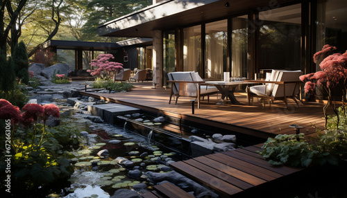 Modern architecture blends with nature in a luxurious outdoor dining experience generated by AI
